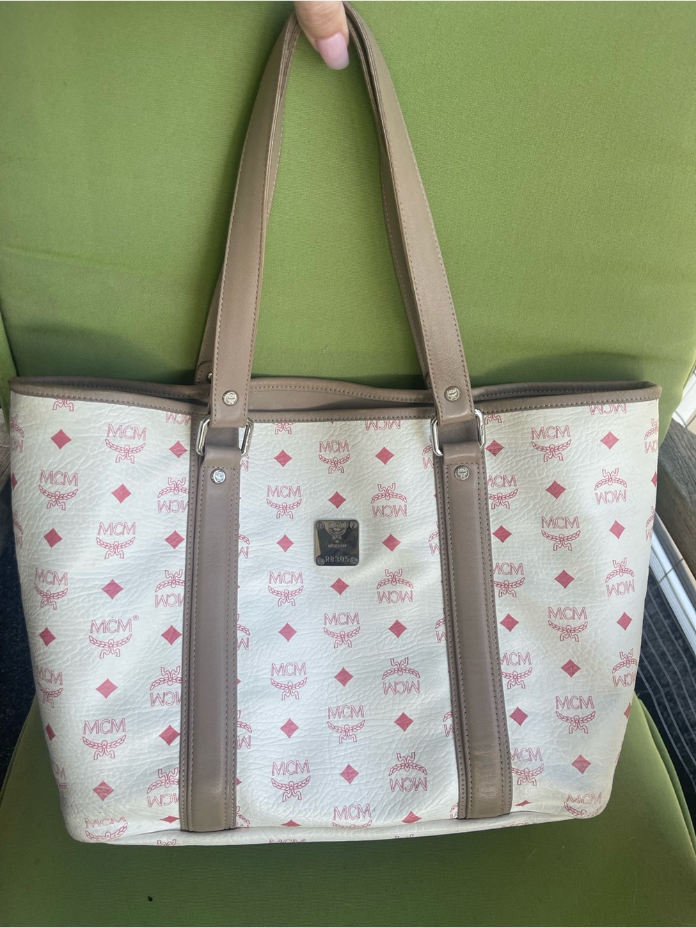 Authentic MCM Pink/Red Monogram Logo Coasted Canvas Large Tote Bag Purse